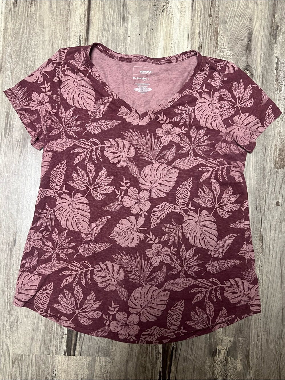 Sonoma Plum Maroon Floral V-Neck Tee with Pink Leaf Print